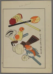 Japanische Spielzeuge, aus Unai no tomo (Ein Kinderfreund) von Shimizu Seifu, 1891-1923. Vögel und Rasseln.